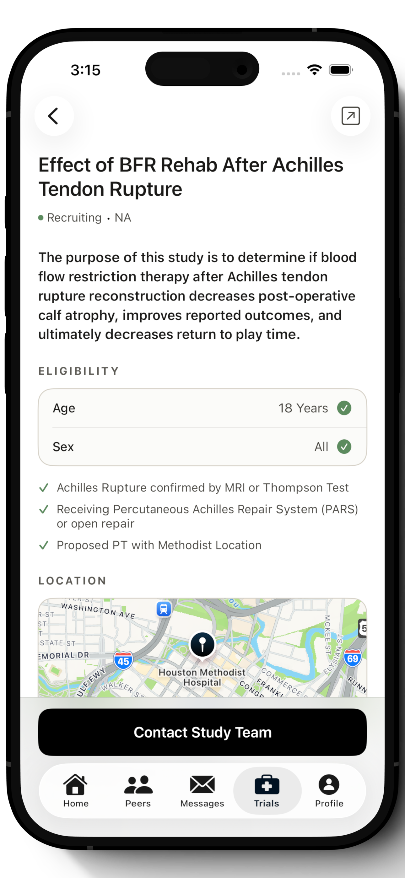 Clinical trials screen in EagleBridge app